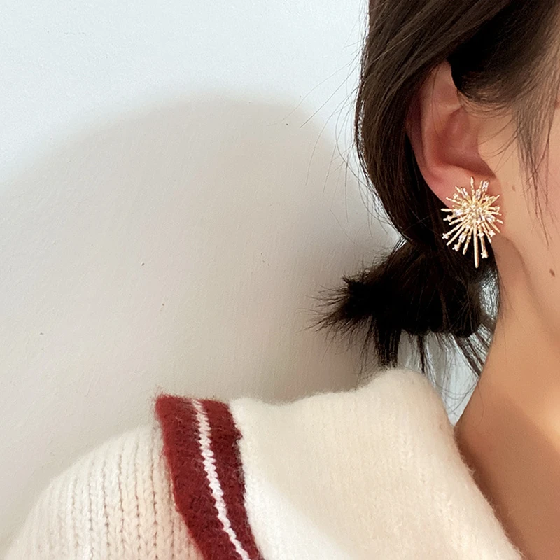 Korea New Design Exquisite Cubic Zircon Firework Stud Earrings Gold Color Women Statement Jewelry rhinestone Earring | Украшения и