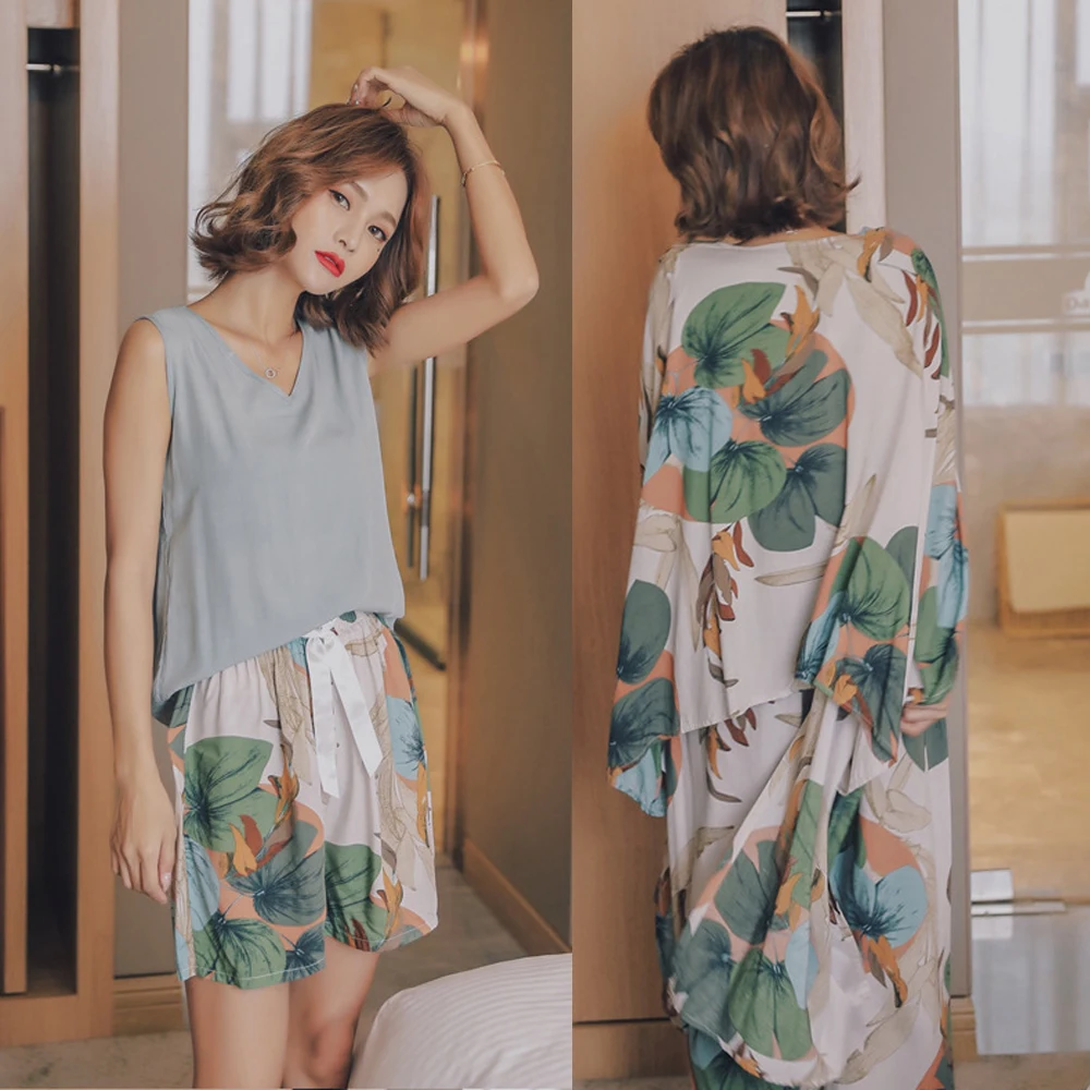 Женские пижамные комплекты из 4 предметов весенне летние Пижамные с цветочным