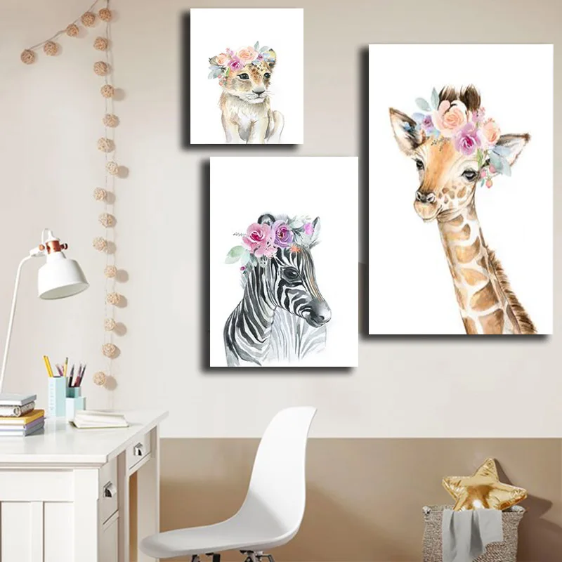 Lion Animals Oil Painting Modern Cute Flower for Kids Room Canvas Cuadros Wall Art Pictures Children Posters | Дом и сад