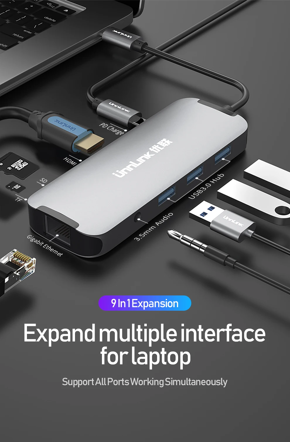 Unnlink USB C концентратор Тип C концентратор HDMI 3,5 мм аудио RJ45 Thunderbolt 3 док-станция адаптер для MacBook Pro Galaxy S9 S10 P20 P30 Dex