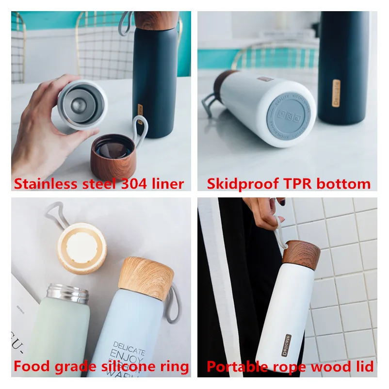 Bpa-Free 500 мл открытый Термос бутылка для воды 304 нержавеющая сталь молоко и чай термос чашка с портативной веревкой деревянной крышкой вакуумная колба
