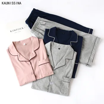 

100% Cotton Couple Pajamas Women's Summer Short Sleeve Turn-down Collar Shirts Shorts Sleepwear Men's Pajama Homewear Set