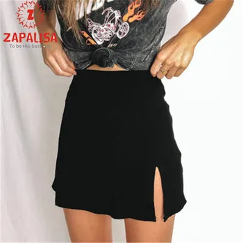 

Zapalisa Solid Color High Waist Mini Skirts A-Line Zipper Fly Fashion Young Style Sexy Slit Design Women Skirt Summer