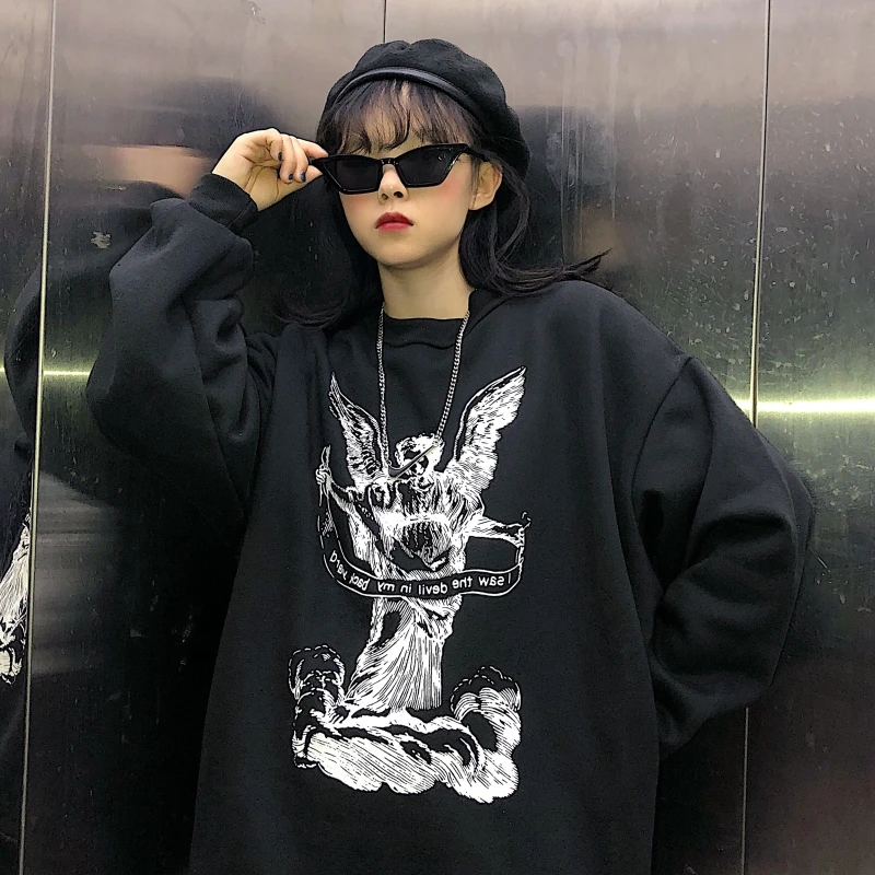 Осенне-зимняя Толстовка Femme корейский Ulzzang Harajuku винтажные Свободные флисовые толстовки женские, пуловеры с капюшоном