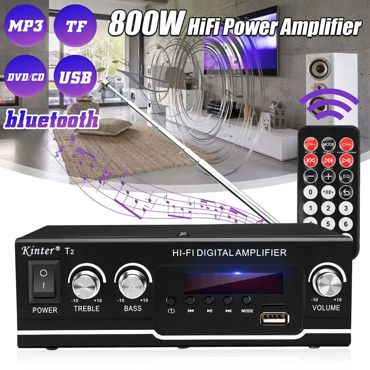 800W HIFI Bluetooth Power Amplifier Car/Home Theater Digital Power Audio Amplificador for Speaker Treble Bass Control FM USB SD 1