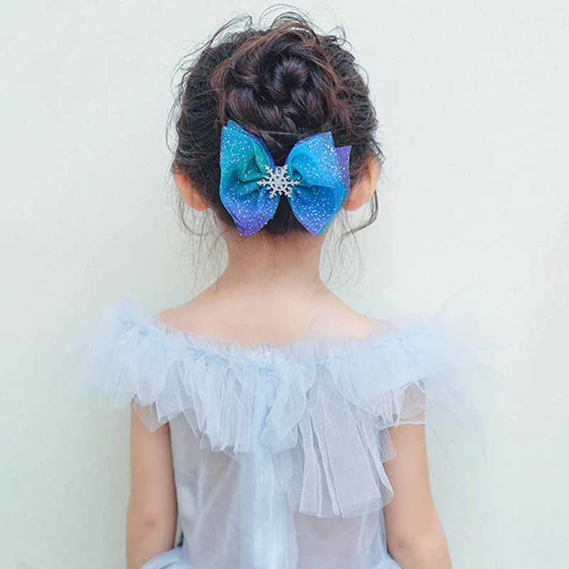 Девочки синяя Блестящая лента бант заколки для волос Рождество Снежинка аксессуары для волос для женщин дети принцесса хрустальные заколки резинки для волос