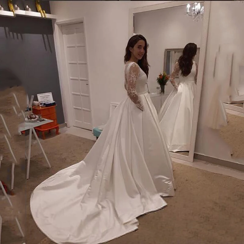 Скромные атласные свадебные платья robe de mariee с длинным рукавом Свадебные платья Аппликация Кружева Линия свадебное платье на заказ suknia