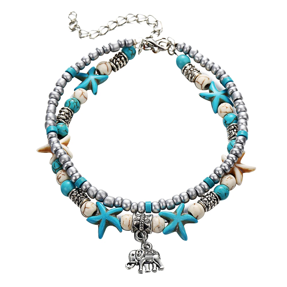 Women Anklet Turtle Heart Starfish Charm Double Layer Beaded Anklet Women Ankle Bracele on the leg Woman's accesories