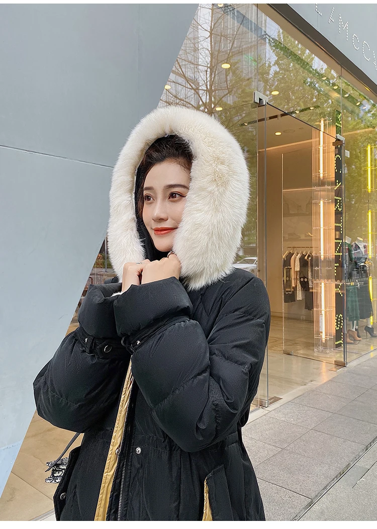 Высокое качество женское белое пуховое пальто большой натуральный Лисий мех воротник капюшон Женская зимняя куртка бежевый черный