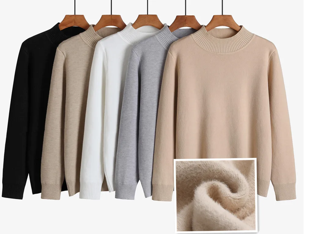 

2021 Autumn and Winter New Women's Sweater Half Turtleneck Single-Layer Fleece-Lined Knitted plus-Sized plus Size Top