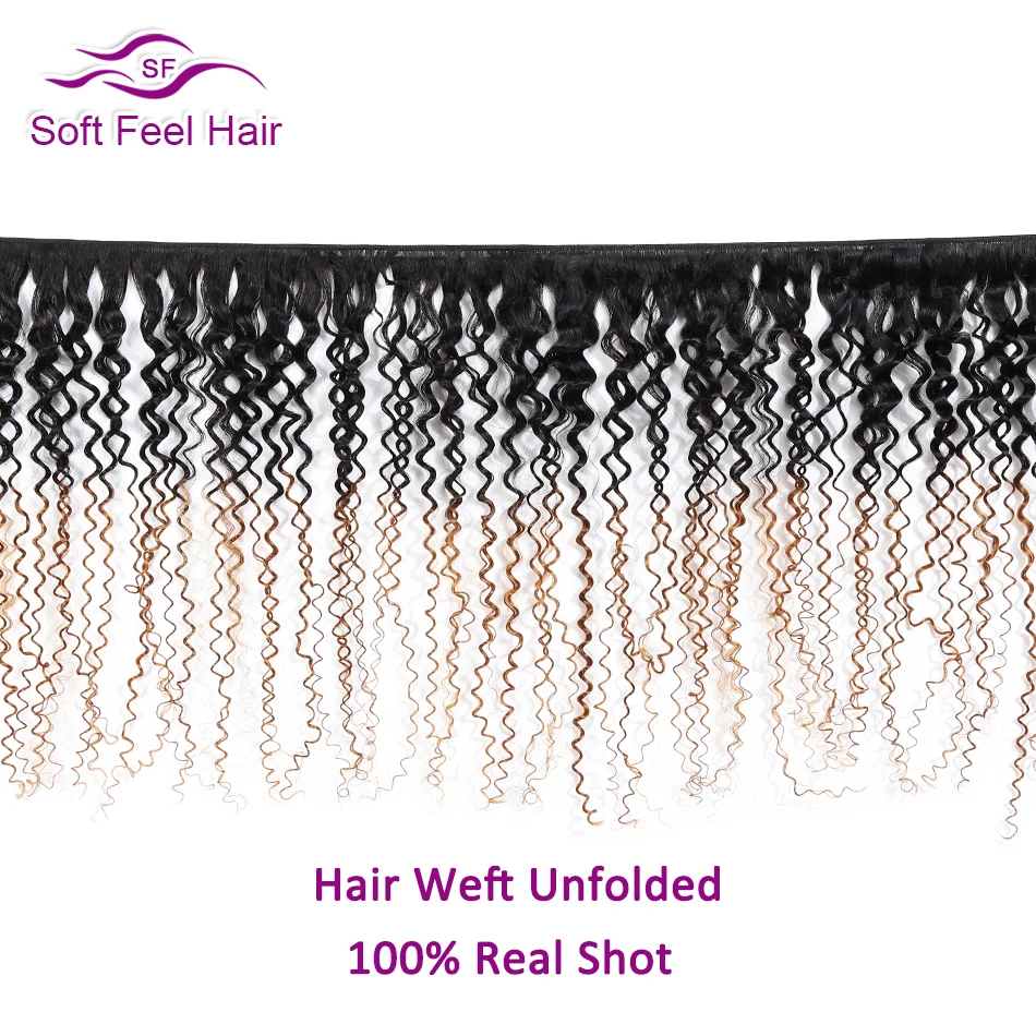 Мягкие волосы на ощупь 1B/30 Омбре пучки волос с закрытием Remy перуанские Кудрявые