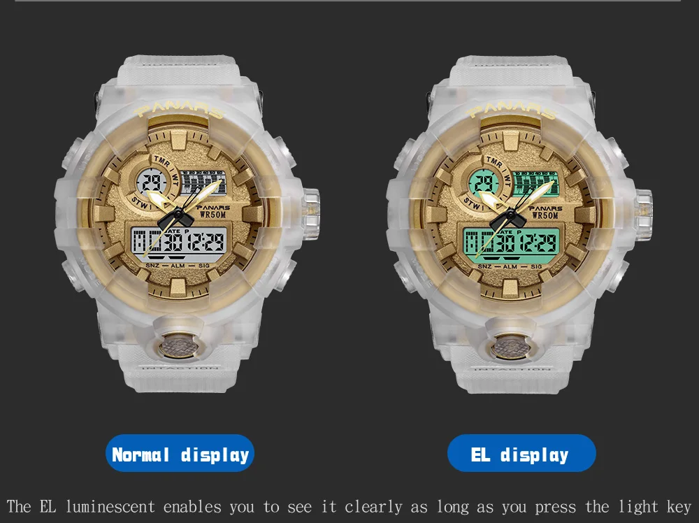 PANARS White Gold Men Digital Watch Sports Watches Men's Watch Led 5Bar Waterproof Double Display Chronograph Electronic Clock