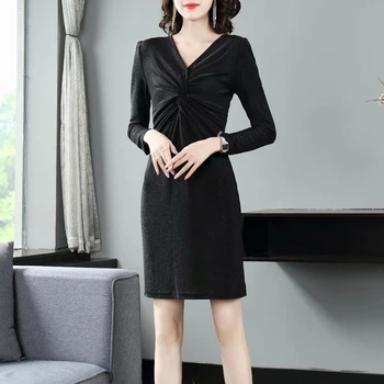 

Autumn New Style Sexy V-Neck Elegant Temperament Self-Cultivation Stretch Long-Sleeved Dress Women'S Clothing High Quality