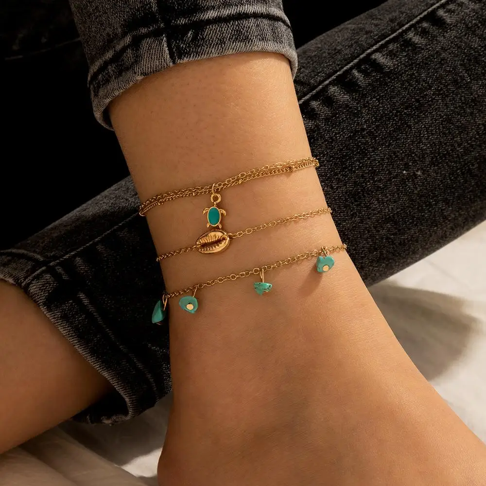 docona 14 style Bohemia Shell Tortoise Gem Anklet Set for Women Butterfly Crystal Star Multilayer Alloy Anklets Beach Jewelry - Image 4