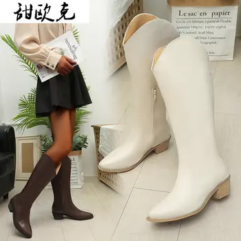 

British Style Cowhide Material Zippered Decorative Boots Pointed Thick High Heel Side Zipper Rubber Soles Winter Boots Women