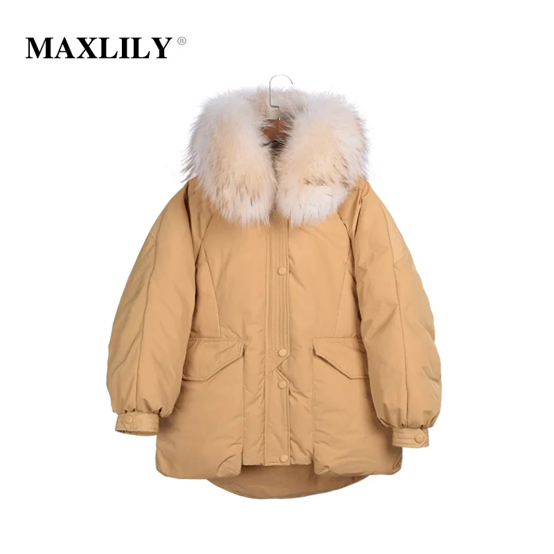 Winter New Style Thick down Jacket Women's Mid-length Large Fur Collar Short in Front Grew up Pocket down Feather Coat Fash