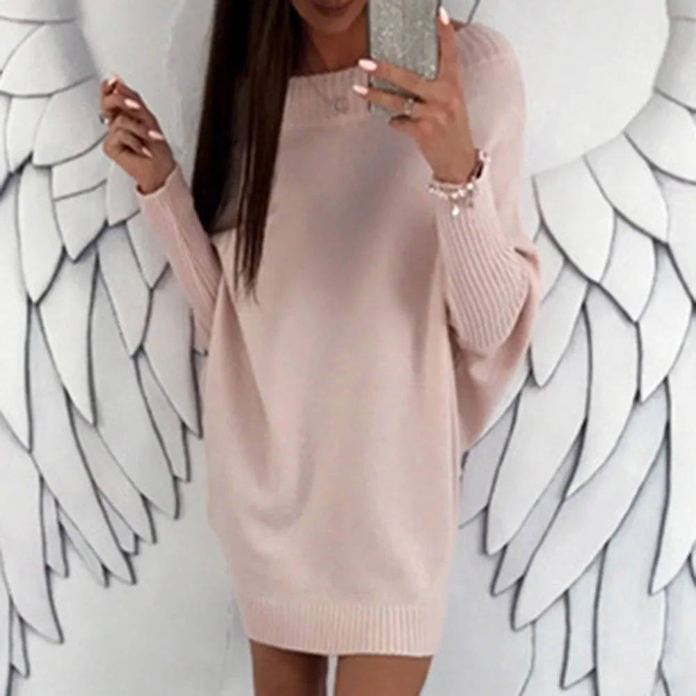 

2019 Autumn New Sexy Woolen Long Sleeve Loose Sweater Dress Women Off Shoulder Solid Mini Dress 6 Color