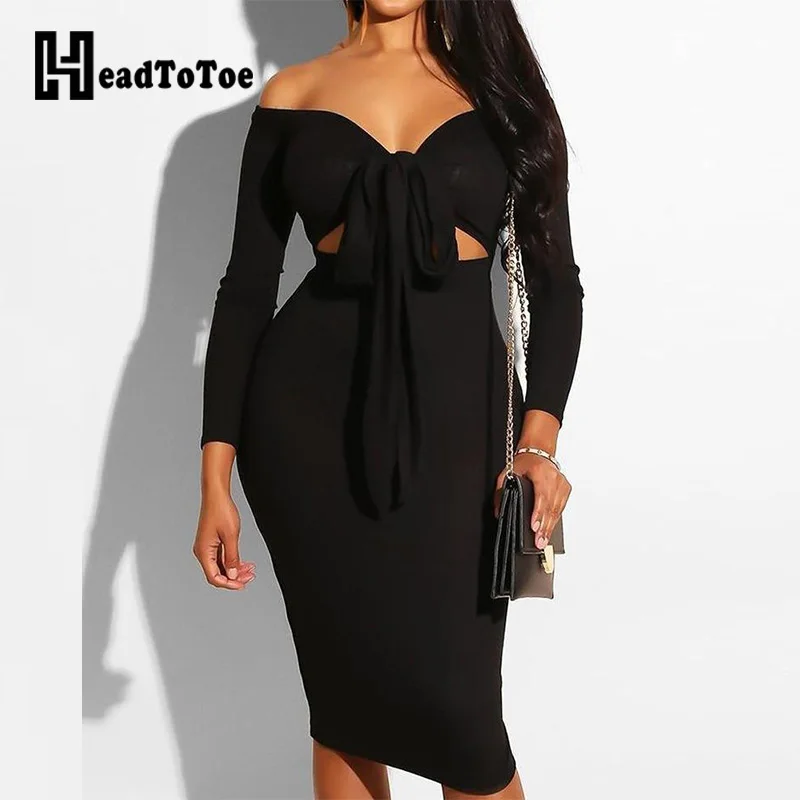

Sexy Women Off Shoulder Knotted Front Cut Out Dress