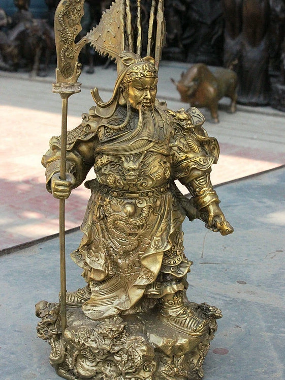 13&quot Classical Brass Copper Hold Dragon Sword Guan Gong Warrior God GuanYu Statue | Дом и сад