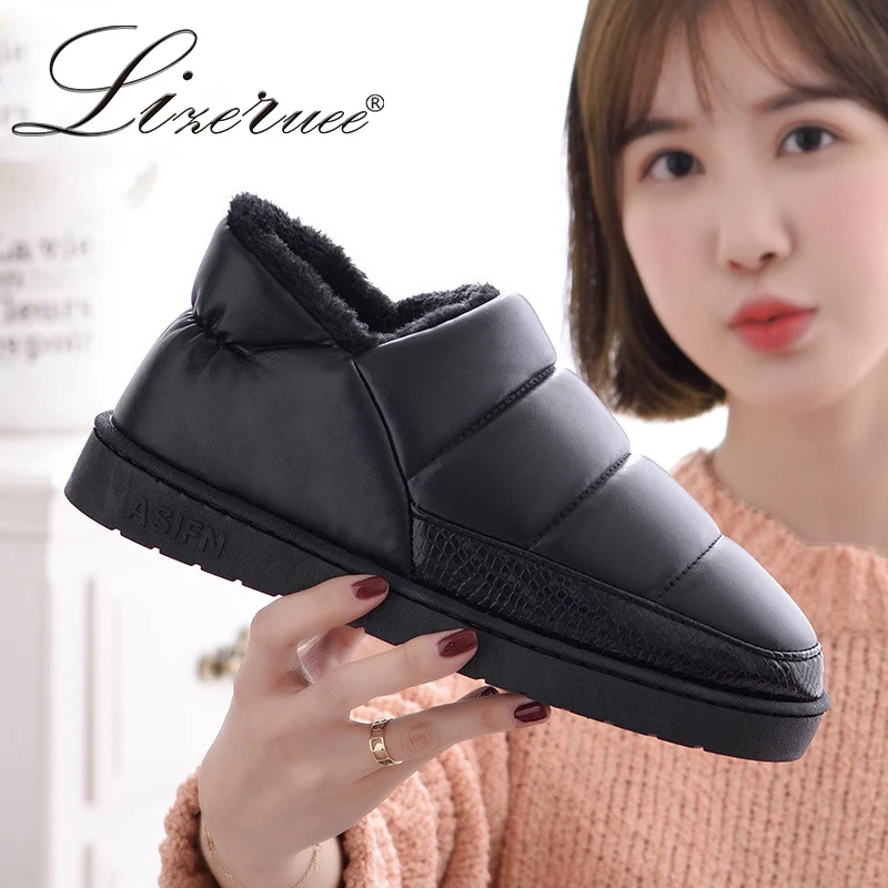 

Lizeruee Women Pu Leather Waterproof Warm Shoes Thick Cotton Winter Home Slippers Lovers Outdoor Wear Plush Slippers WS639