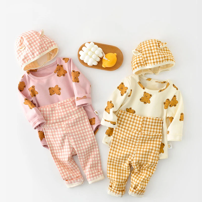 new baby clothing set	 MILANCEL 2022 Spring New Baby Clothing Set  Bear Bodysuits And Plaid Pants Bear Hat 3 Pcs Infant Girls Suits new baby clothing set	