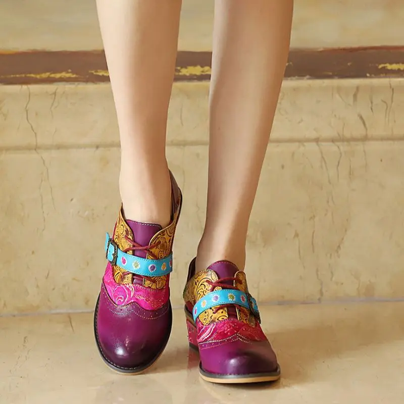 Tuyoki Vintage Pattern Genuine Leather Splicing Buckle Strap Pumps Mixed Color Thick Heels Bohemian Shoes Women Size 36-42