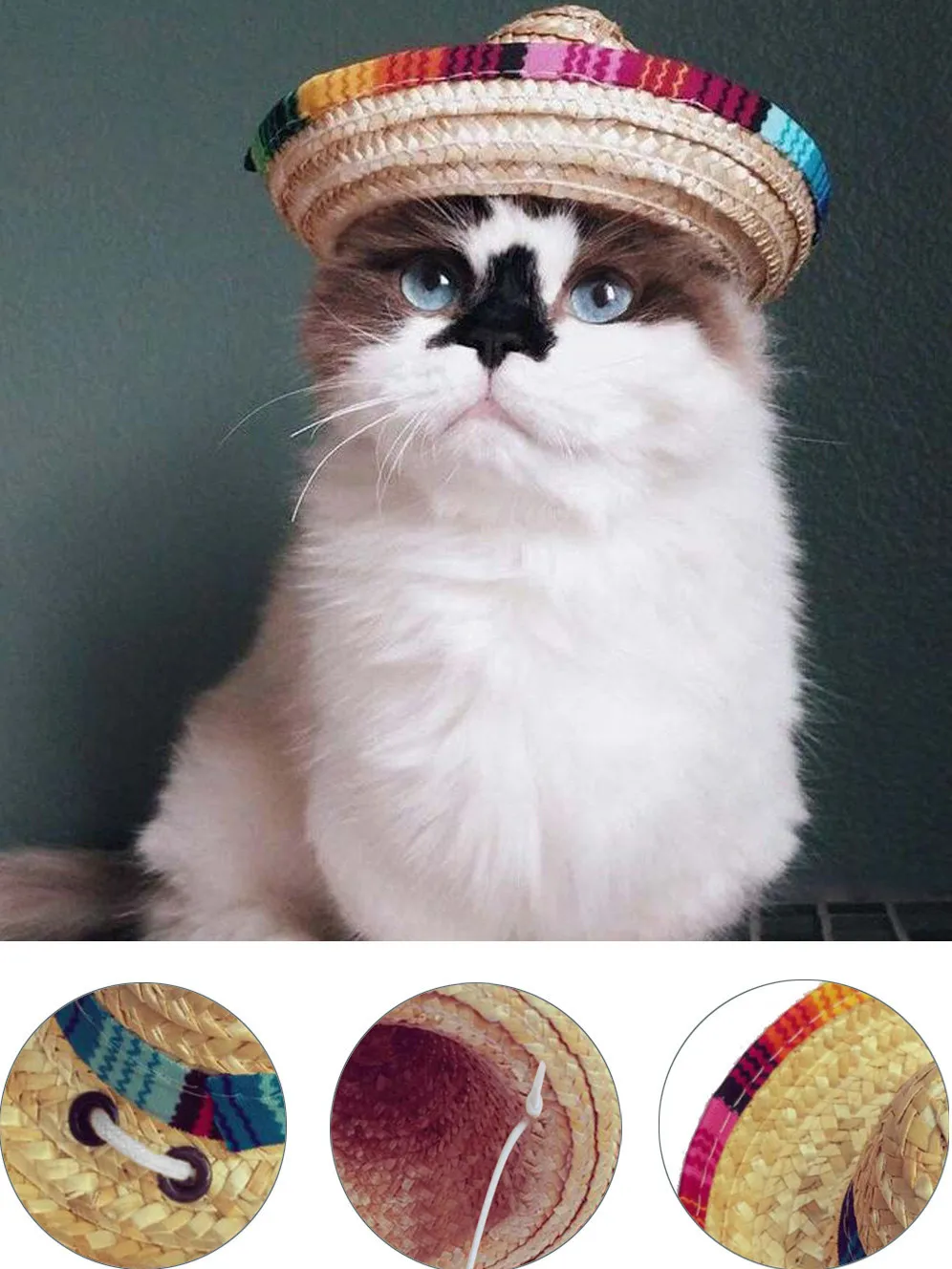 1PC Straw Sombrero Mexican Hat Pet Adjustable Buckle Multicolor Pet Straw Dog Cat Hat Multicolor Buckle Costume Kitten Puppy#p9