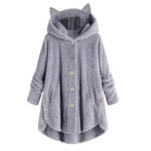 Light Grey Трендовая Милая женская зимняя куртка с капюшоном с ушками кошек и пуговицами с неровным подолом, флисовое пальто плюс бархатная Толстая теплая куртка - Цвет: Light Grey