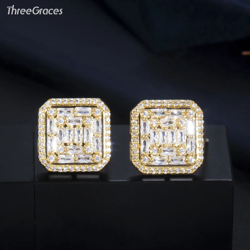 ThreeGraces великолепные Квадратные золотые серьги-гвоздики для женщин сверкающие