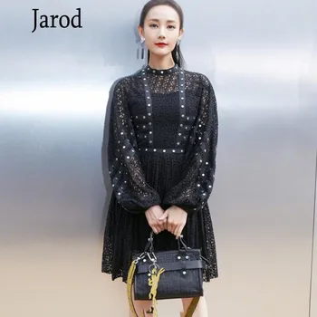 

Runway Designer 2020 High Quality Spring Women Fashion Lantern sleeve Vintage Elegant Chic Sexy Lace Embroidery Black Dress
