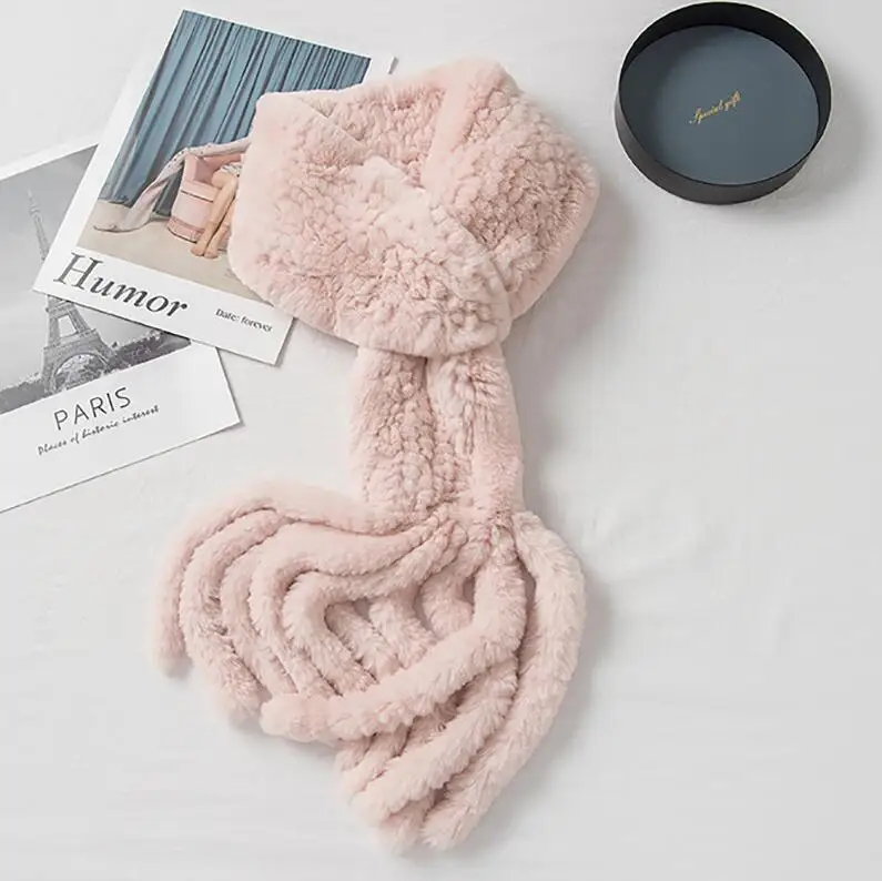 pink YC Fur Модные женские шарфы зимний теплый вязаный шарф из меха кролика рекс обертывание для дам длинный кистями шарф женский - Цвет: pink