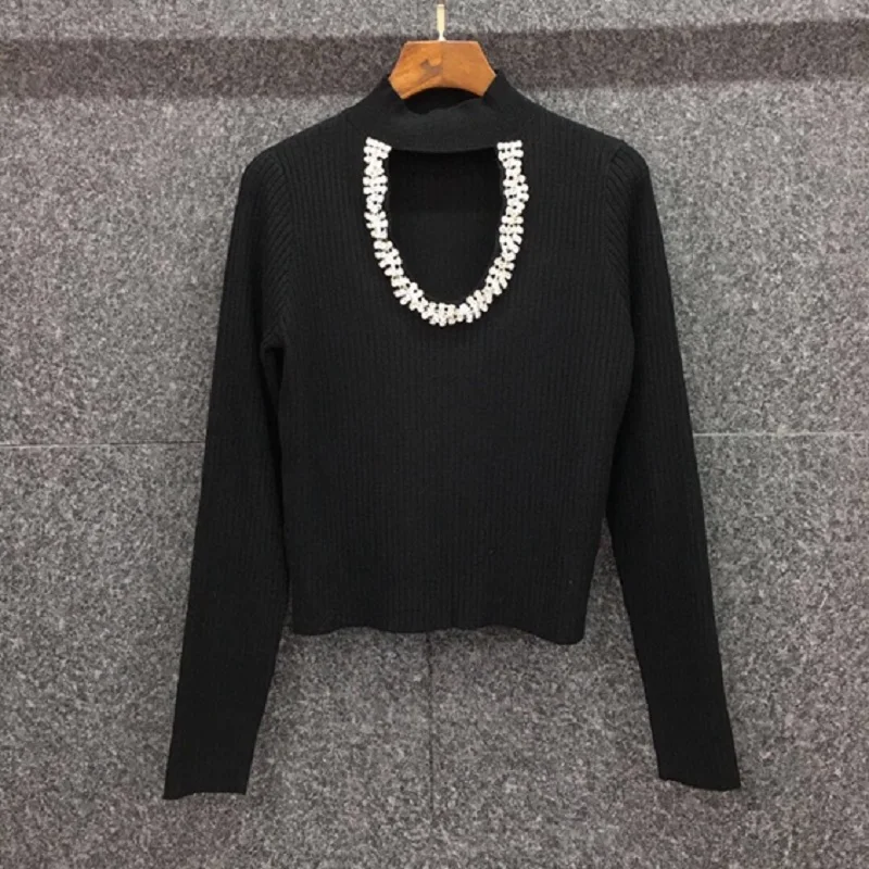 2020 Autumn Winter Hot Sale Sweaters High Quality Tops Women Crystal Beading Deco Hollow Out Sexy Casual White Black Jumpers