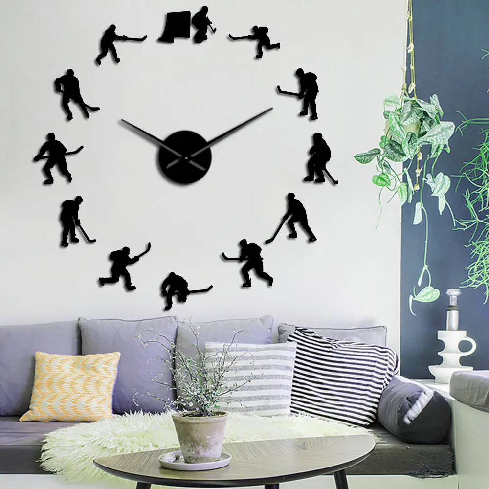 

Hockey Sport Wall Hanging DIY Large Wall Clock Ice Hockey Players Silhouette Mirror Stickers Home Decor Wall Watch Gift For Man