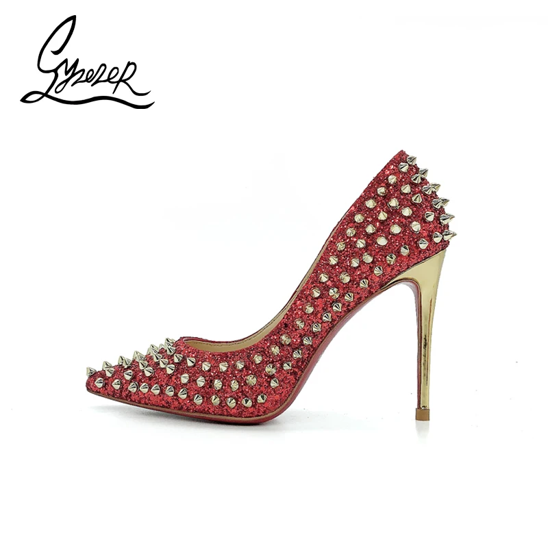

Yuerui Red Sequins Rivet Super High Heels 12CM Sexy Pointed Stiletto Shallow Mouth Single Shoes Female Banquet Wedding Shoes