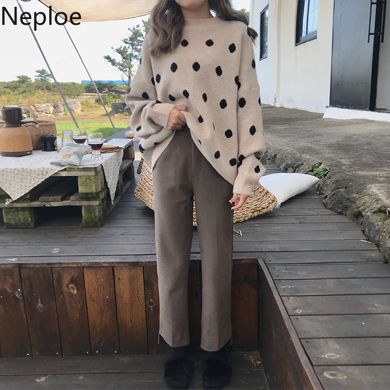 Neploe, Ретро стиль, свободный, Сумасшедший стиль, вязаный свитер, модный, в горошек, базовый пуловер, Pull Femme, Осень-зима, верхняя одежда, прямой, Sueter 48128