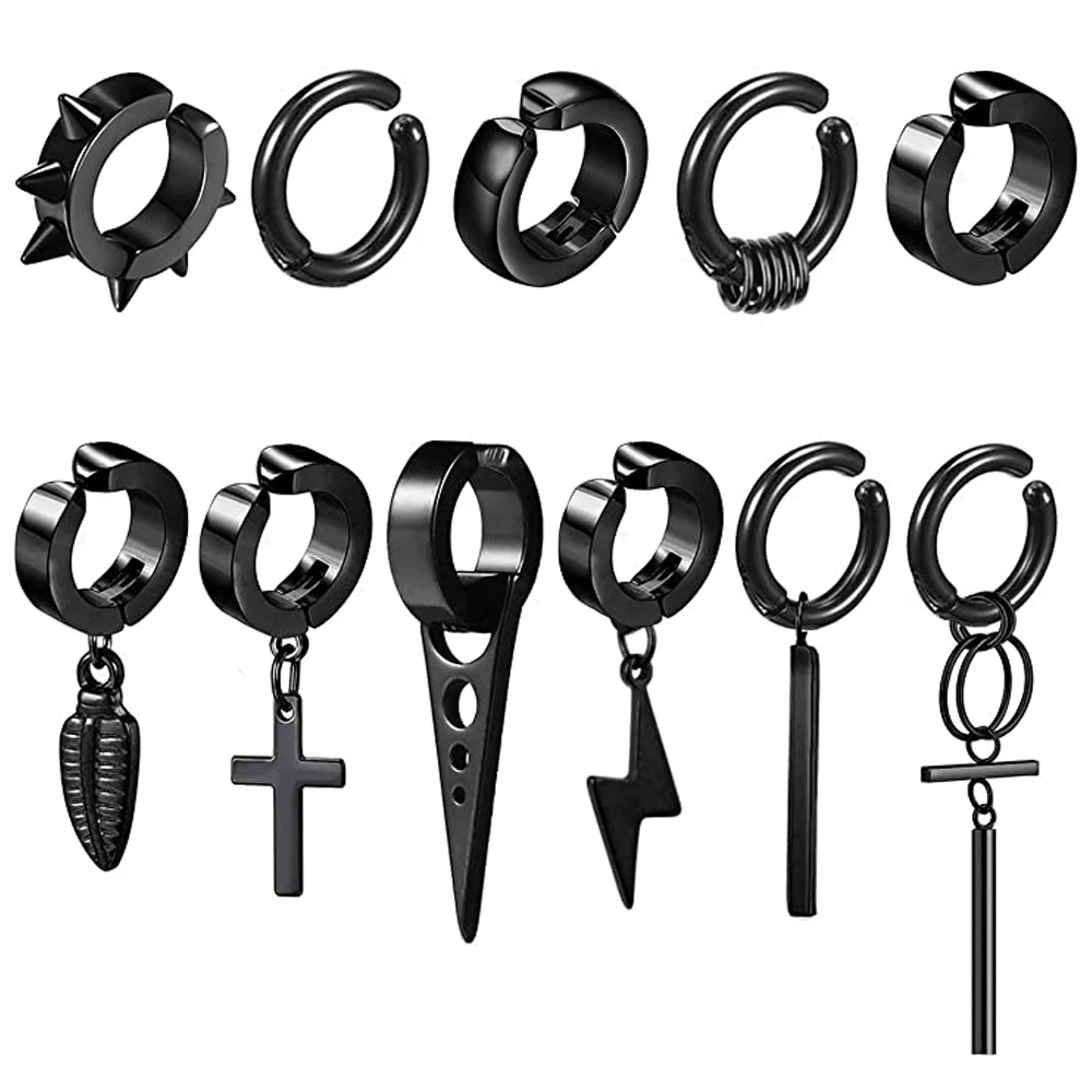 Clip on Hoop Earrings for Men Stainless Steel Fake Piercing Dangle Earring with Cross Feather Mens Huggie | Украшения и