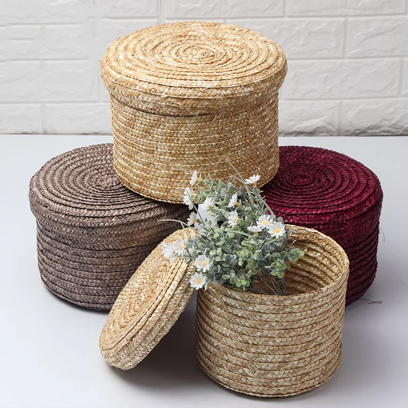 

One Set Florist Buckets Handmade Wheat Straw Round Flower Boxes With Lid DIY Hug Buckets Florist Gift Packaging Box Holders Dec
