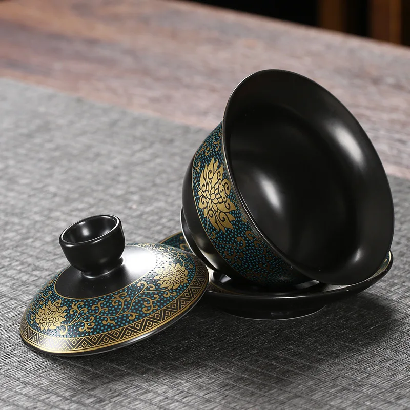Chinese Teaset Classical Gaiwan Tea Cups Black Clay Tureen 180ml Lid Bowl Saucer Traditional Handmade Tea Brew Cup