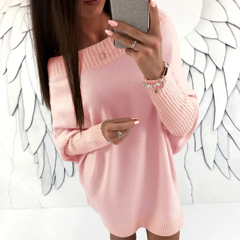 Осенне-зимнее женское трикотажное платье Vestidos, однотонное Повседневное трикотажное платье с длинным рукавом и открытыми плечами, теплый пуловер, платье-свитер