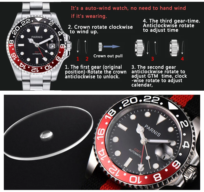 Parnis 40 мм механические часы GMT сапфировое стекло дайвер часы Автоматические relogio masculino роль роскошные часы для мужчин