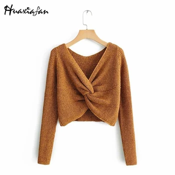 

Huaxiafan sexy sweaters V neck long sleeve solid color short pullovers knitted criss cross female autumn sexy streetwear sweater