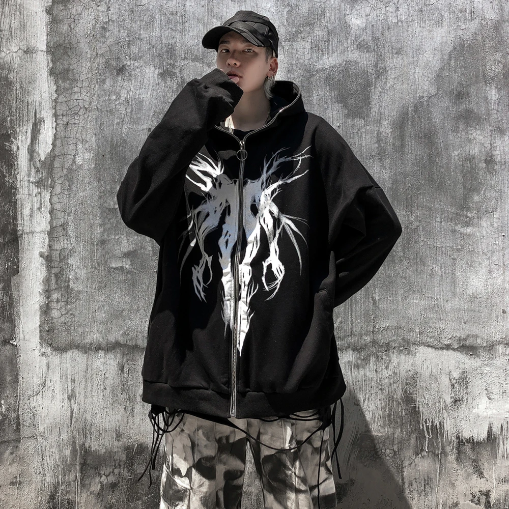 Толстовка мужская черная на молнии с капюшоном в стиле хип-хоп