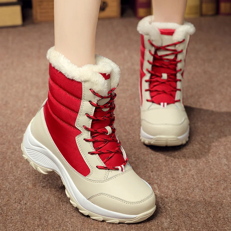

New Winter Girl Boots High Quality Artificial PU Cotton Shoes Thick Keep Warm Snow Women Boots Lace-up Ladies Plus Velvet Boots