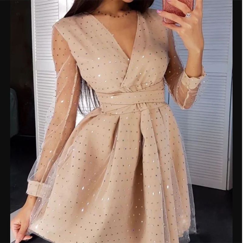 Mini Women's Dress For New Year 2022 Christmas Party Dot Print V-neck Long Sleeve Double-layer Gauze Stitching Elegant | Женская