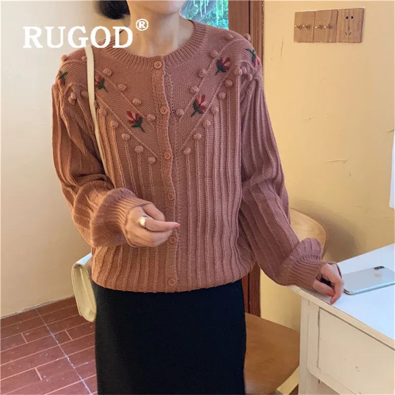 RUGOD Korean New Style O-neck Elegant Knitted Cardigan Flower Embroidery Sweaters Women Fashion