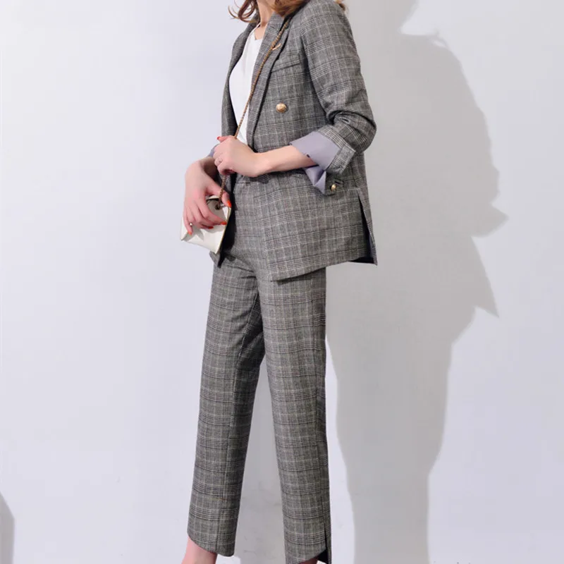 

2020 Hot Sale Womens Business Suits Polyester Retro Lattice Calca Feminina Mid Long Blazer And Pants Blazer Set CJ059
