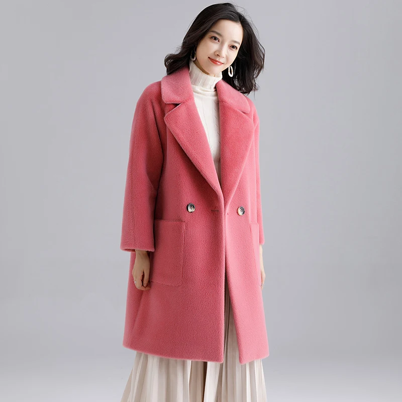 Женское пальто из искусственного меха, женское элегантное пальто из искусственного меха норки с отложным воротником, высококачественное плотное теплое шерстяное пальто - Цвет: red skin