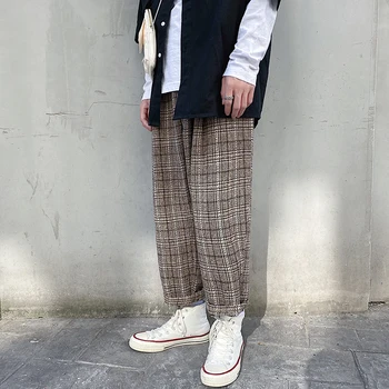 

Men's Thickening Woolen Pants Lattice Printing Cotton Casual Pants Wide Leg Pants Loose Trousers Active Elastic Sweatpants M-5XL