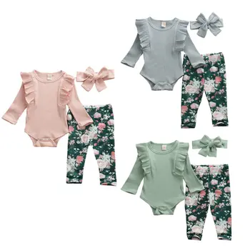 

Newborn Baby Girl Clothes Solid Color Knitted Cotton Romper Tops Flower Print Long Pants Headband 3Pcs Outfits Clothes
