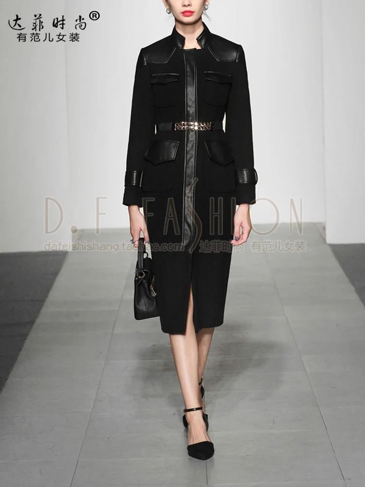 Черное винтажное шерстяное пальто из искусственной кожи в стиле пэчворк для женщин, Осень-зима, плотная тонкая длинная куртка для женщин, модная женская куртка abrigo mujer
